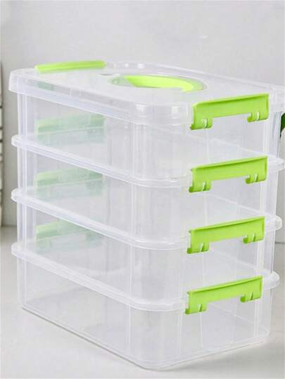 1 pieza Caja de almacenamiento apilable de 4 capas de plástico transparente con hebilla verde - Impermeable, de gran capacidad, adecuada para el hogar y la oficina - Portátil, se puede usar como recipiente para alimentos, también se puede usar para almacenar juguetes, manualidades, artículos de escritorio y de cajón, ideal para el almacenamiento en el hogar.