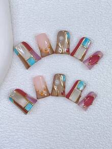Bộ 10 móng giả Y2K Nails Chic Duckbill - Làm thủ công, móng màu hồng, móng màu nâu, móng kiểu Pháp màu nâu, móng mắt mèo nhiều màu sắc thủ công, thiết kế họa tiết mắt mèo kẻ ô và vàng vẽ tay, trang trí bằng những viên bi thép nhỏ lấp lánh màu vàng, móng tay tinh tế và duyên dáng - Hoàn hảo cho các bữa tiệc và trang phục thường ngày. - Nhiều màu - Xem 12
