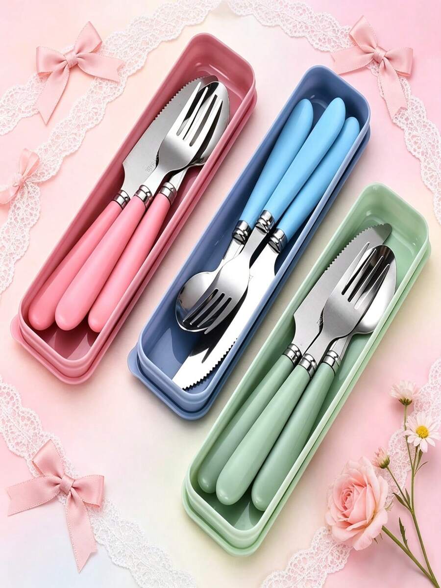 Stainless Steel Cutlery Set, 3-In-1 Fork & Spoon Set, Portable & Durable, Suitable For Daily Office Use, Student Back To School, Camping And Outdoor Dining - Multicolor - View 1