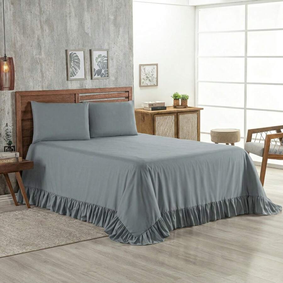 Laila Queen Size 400 Thread Count Quilt Set With Ruffle, 3 Pieces, Micropercal - Grey - View 1