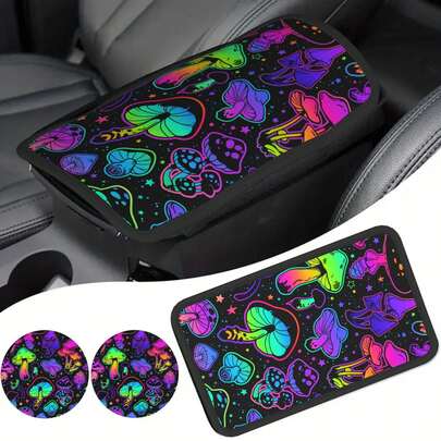Bộ 3 món: 1 miếng đệm tay vịn in hình nấm nhiều màu sắc + 2 miếng lót cốc ô tô cùng họa tiết, miếng đệm tay vịn trung tâm chống thấm nước, phù hợp cho mọi mùa, phụ kiện trang trí nội thất ô tô.