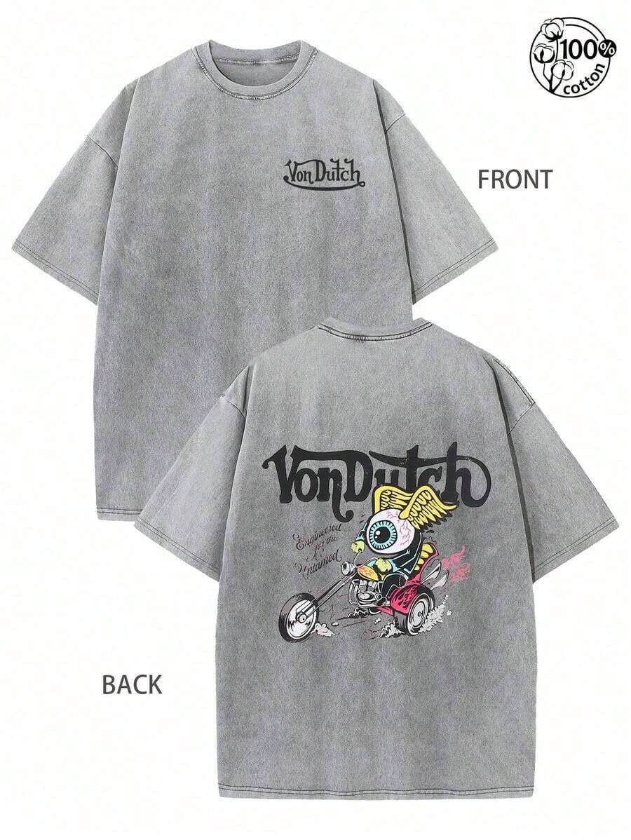 Mens Clothes;Summer TopsVons Dutchs "Wink" Motorcycle Theme Vintage Washed Short-Sleeved Shirt, Featuring The Vons Dutchs Logo And A Winged Eye Pattern, Suitable For Casual Wear, With Front And Back Prints, Loose, Comfortable, And Breathable, American Dark Hardcore Style Clothing, Perfect For Daily Casual Wear In Summersummer Outfits X19Y - Xám - Xem 1