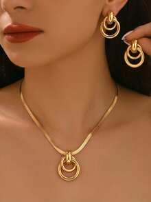 3pcs Elegant Autumn/Winter Jewelry Set: Geometric Double-Ring Pendant Necklace With Flat Snake Chain & Round Snake Chain Layered Choker, Fashionable Minimalist Metal Style, Suitable For Casual, Vacation, Exquisite & Versatile Accessory - Yellow Gold - View 2