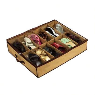 1pc Underbed Shoe Storage Box, Non-Woven Breathable Material Anti-Moisture Anti-Dust, 12-Grid Large Capacity Can Store 12 Pairs Of Shoes, With Transparent Window + Dual Handles, Flat Slim Design Can Be Easily Placed Under Bed/Sofa, Ideal For Renters, Moms, Students, Suitable For Bedroom, Wardrobe, Entryway, Easily Organize Shoes, Bags, Accessories, Anti-Dust And Anti-Moisture Without Occupying Space, TV Same Model Underbed Shoe Storage Organizer.