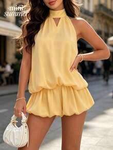 Women's Elegant Yellow Halter Neck Tiered Mini Dress - Dress With Bow Tie Back, Open Back, Bubble Hem, Flowy Silhouette, Lightweight & Breathable Fabric, For Summer Vacation, Beach Party & Brunch - Yellow - View 3