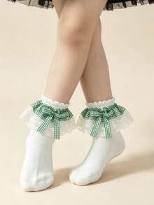 1 Pasang Kaos Kaki Anak-anak Katun Motif Renda Kotak-kotak Pita Ruffle untuk Pesta Dansa Putri Modis Serbaguna - Hijau - View 4