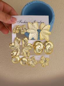 Set de 2/12 piezas de pendientes de metal dorado con elementos florales y geométricos de moda, set de pendientes elegantes para mujer, adecuado para uso diario y para ir al trabajo - Dorado - Ver 6