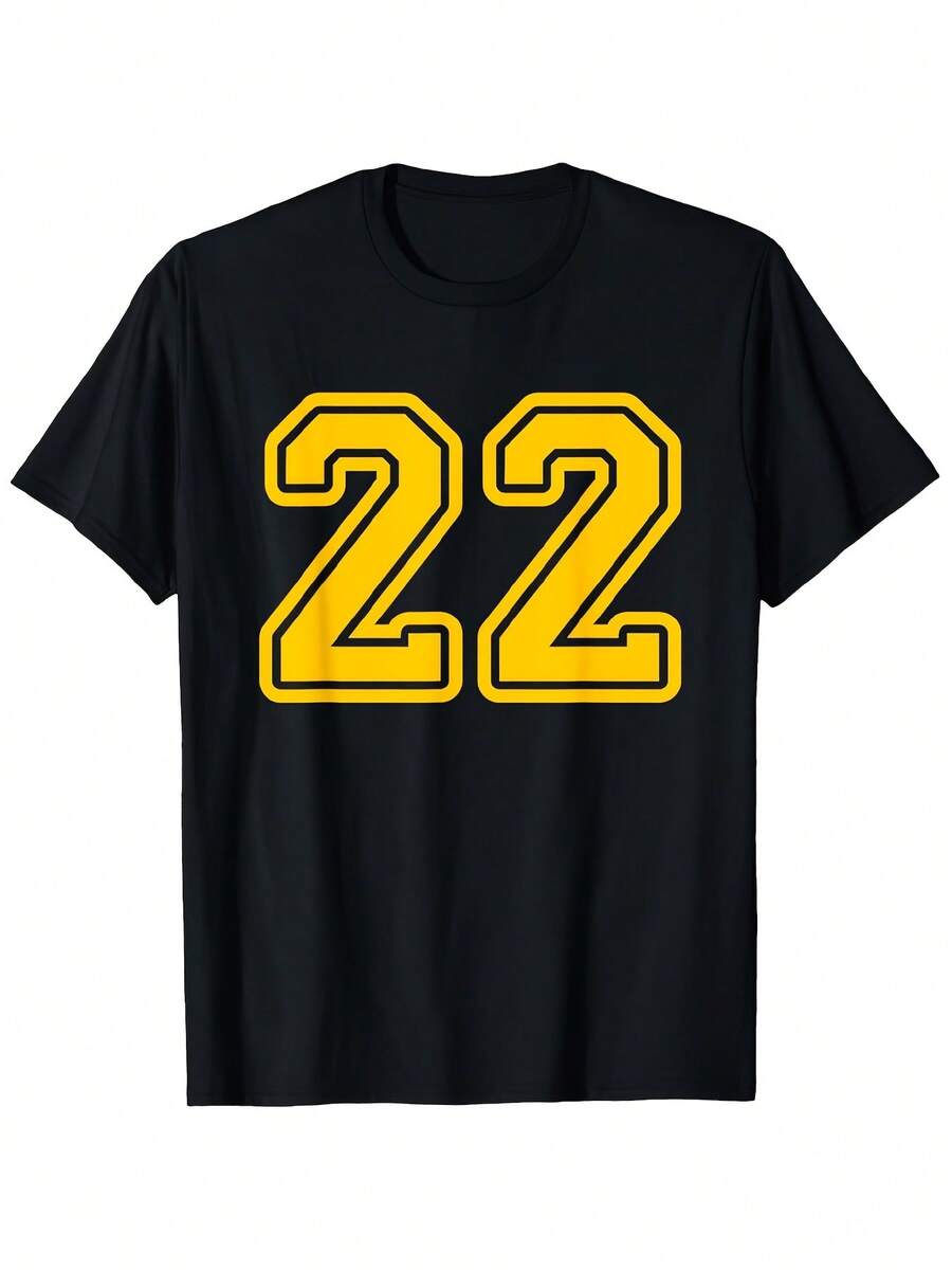 Camiseta Deportiva para Hombre 22 con Diseño de Números, Cuello Redondo Casual, Manga Corta, Ropa Deportiva, Estilo de Vida Activo, Camiseta con Gráficos 2D, Camiseta Estampada para Hombre y Camiseta Estilo Equipo Escolar - Negro - Ver 1