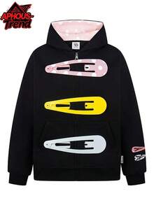 Unisex Spring New Fun Zipper Hooded Cardigan Couple Jacket With Detachable Colorful Big Hair Clip Design - Black - View 1