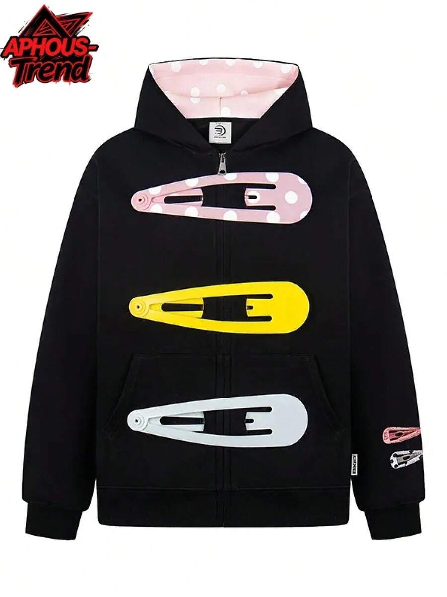 Unisex Spring New Fun Zipper Hooded Cardigan Couple Jacket With Detachable Colorful Big Hair Clip Design - Black - View 1