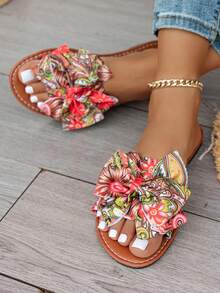Women's Elegant Floral Print Slide Sandals, Bohemian Style, Colorful Flower Pattern, Fashionable Bow Decor, Open Toe Slip-On Sandals For Indoor, Outdoor And Beach Wear, Spring/Summer - Red - View 3