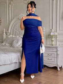 Roveilla Vestido elegante y fluido con hombros descubiertos, abertura y espalda descubierta para fiesta, talla grande para mujer - Azul - Ver 3