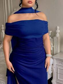 Roveilla Vestido elegante y fluido con hombros descubiertos, abertura y espalda descubierta para fiesta, talla grande para mujer - Azul - Ver 8