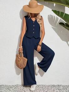Women's Casual Minimalist Solid Color V-Neck Sleeveless Top And Pants Set Summer - Royal Blue - View 1