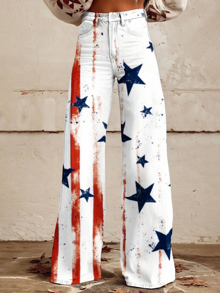 American Flag Print Wide Leg Jeans Women High Waist Distressed Star And Stripe Denim Pants Casual Fashion Pants - Màu hỗn hợp - Xem 1