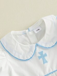 Vestido de verano para niña con cuello de muñeca bordado en cruz y mangas cortas estilo princesa corte A. - Blanco - Ver 3