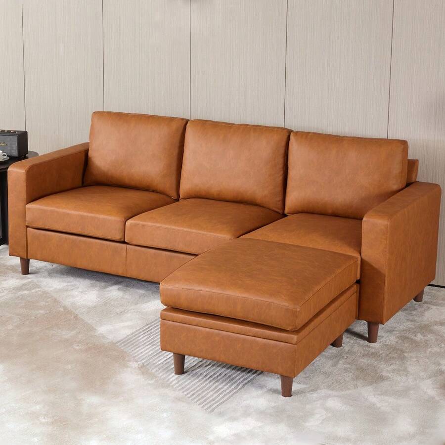 Módulo versátil de otomana con almacenamiento para sofá modular seccional o sofá cama - Asiento profundo, cómodo y duradero, cuero marrón moderno - Mueble de acento contemporáneo para sala de estar - Naranja - Ver 1