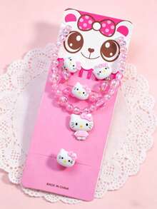 Bộ trang sức 5 món Sanrio bằng hợp kim giả ngọc trai gồm dây chuyền, bông tai, vòng tay, nhẫn và mặt dây chuyền. - Hồng - Xem 3