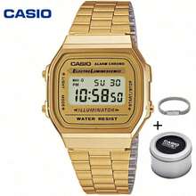 Casio A168WG-9EF 金色數位手錶，經典方形中性復古腕錶，附鬧鐘、秒錶、LED燈、防水，含錶帶 - 均碼 - 查看 1
