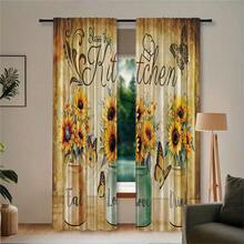2pcs Retro Countryside Sunflower Pattern Semi-Blackout Bedroom Curtains, Punch-Free Rod Pocket Design, Easy To Install, Smooth Sliding. Country Style Curtains For Living Room And Kitchen, Suitable For Home Decoration, Room Decoration And House Partition. Made Of Polyester, Machine Washable And Hand Washable - Multicolor - View 14