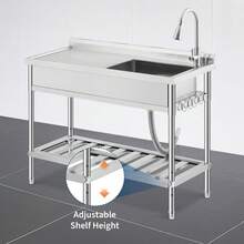 Lavabo utilitario independiente de acero inoxidable – Con uno o dos tazones y grifo – Tablero de drenaje, estantes de almacenamiento, patas ajustables a prueba de óxido – Para restaurante, cocina, lavandería, uso interior y exterior - Plataforma izquierda, tazón individual derecho - Ver 5