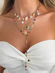 4件套波西米亚海洋元素海星贝壳珍珠流苏多层项链，奢华时尚彩色水晶Y字形项链，长款项链，适合夏季海滩度假和日常佩戴，女士必备。 - 金黃色 - 查看 4