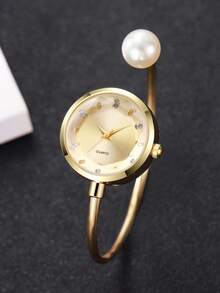 1pc Women's Gift Watch, Delicate Compact Minimalist Rhinestone Dial, Versatile Ladies Quartz Wrist Watch, Pearl Bracelet Design, Excluding Watch Box - Gold - View 4