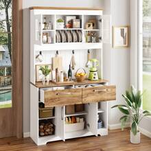 Large Kitchen Sideboard With Storage Space, Kitchen Cabinet With Glass-Fronted Compartments, 2 Drawers, Doors And Hanging Rail – Modern Sideboard For Kitchen, Dining Room And Entryway, 106 * 39 * 176.5 Cm - 查看 2