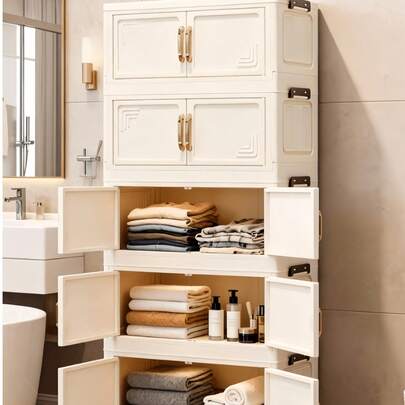 1 pieza Armario de almacenamiento plegable de 50 cm/19.69 pulgadas de ancho, caja de almacenamiento de ropa, armario portátil, caja plegable de doble puerta, disponible de 1 a 6 capas, puerta doble reforzada con ruedas, sin necesidad de montaje, organizador para el hogar, armario de almacenamiento plegable de plástico adecuado para organizar ropa y juguetes