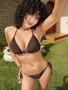 三件套复古波西米亚风比基尼套装，棕色几何图案吊带露脐上衣搭配裹身裙，优雅可爱的夏季海滩度假装扮 - 棕色 - 查看 5