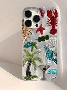 1pc Feather & Pearl Embroidered Palm Tree & Lobster Minimalist TPU Shockproof Phone Case, Compatible With Apple 17, 16, 15, 14, 13, 12, 11 Pro Max, Air, And Series - Specification - View 9
