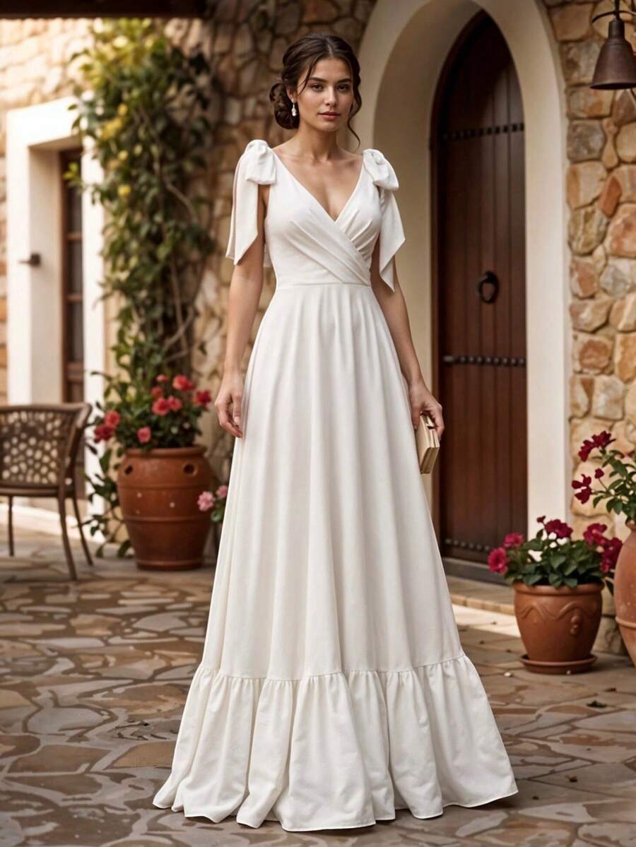 Women's V-Neck Backless Long Dress - White - View 1