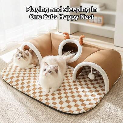 Katzen Tunnel Bett für Innenbereich, Versteck Bett für mehrere Katzen, kleiner Katzen Tunnel mit Katzen Ball Spielzeug, abnehmbares & waschbares Katzen Haus, kleiner Tunnel für Katzen & Kaninchen
