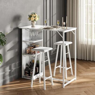 Hodeffior 3 Piece Bar Table Set With 3 Tier Storage Shelves, Space Saving Dining Table And 2 Stools, Kitchen Breakfast Bar Set With Metal Frame For Small Apartment, Dining Room Or Living Room
