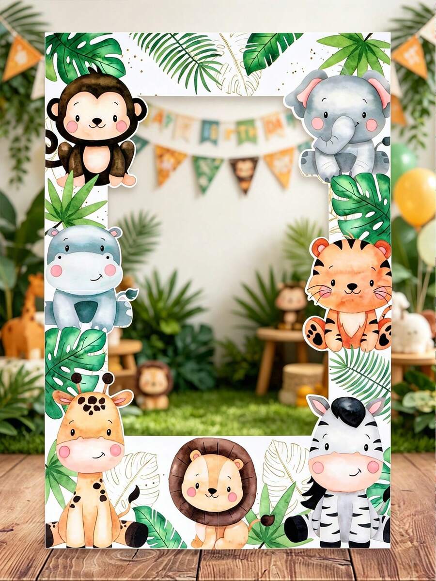 1 Set Jungle Animal Photo Frame Props, Jungle Animal Party Photo Frame Props, Paper Photo Frame For Birthday Party, Jungle Party Photography Backdrop Decor, Party Supplies, Photo Props, Wild One Birthday Party Decor, Baby Shower Decor, Jungle Animal Hunting Party Decor, Birthday Party Supplies, Birthday Gift, Party Favors