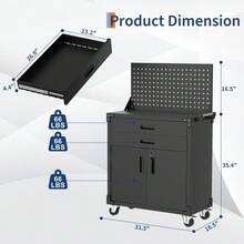 Cofre de herramientas rodante resistente de 35" con ruedas – 2 cajones, panel perforado y estante ajustable – Banco de trabajo móvil de metal duradero y organizador de almacenamiento para taller, almacén y hogar. - B - Ver 3