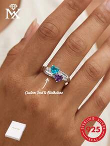 This Customized 925 Sterling Silver Ring Is Engraved With Your Name And Set With Two Birthstones. Crafted In 925 Sterling Silver, It Is The Perfect Choice For Anniversary, Birthday, Valentine's Day, Christmas, And Other Occasions. This Ring Also Makes An Ideal Anniversary Gift For Mothers And Partners. - Silver - View 1