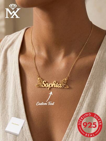 925 Sterling Silver Customized Butterfly Necklace, Can Be Engraved With Butterfly's English Name, Ideal Gift For Mother's Day And Valentine's Day. This Exquisite And Elegant Women's Jewelry Is Suitable For Year-Round Wear. Available In Gold, Fashionable, Multicolor, Retro, Minimalist, Unisex, Casual, Cute, Customized, Personalized, Unique
