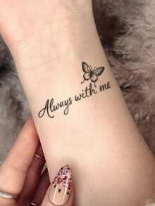 1pc Sticker, Line Butterfly, 'Always With Me' In English, Temporary Tattoo Sticker, Suitable For Arms, Abdomen Non-Reflective, Realistic Tattoo, Suitable For People, Daily Use, Lasts3-5Days - Black - View 5