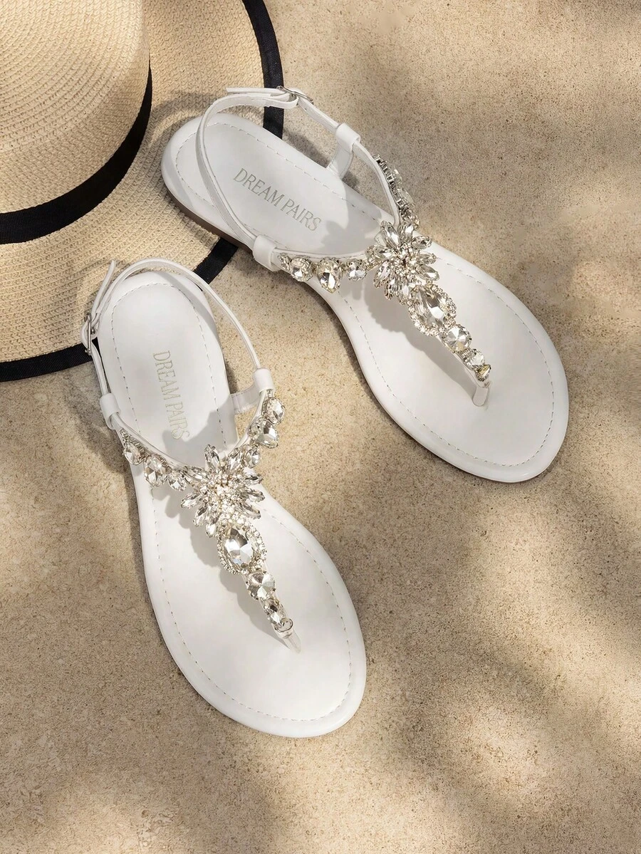Flat Sandals For Women Dressy Rhinestone T-Strap Thong Flat Sandals For Summers Dress Beach Valentines - White - View 1