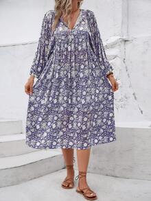Bohemian Style Casual Loose Drawstring Round Neck Ditsy Floral Dress, European And American Women's Vacation Beach Dress Elegant - Blue - View 5
