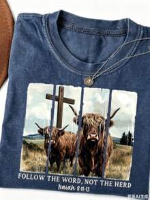 Summer Clothes Women, Washed Cotton Women's T-Shirt, Fun Christian Retro T-Shirt. Follow The Word Of God Instead Of Following The Crowd. Western Retro - 藍色 - 查看 2