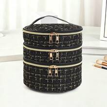 1pc Multi-Functional Thick Tweed Black Gold Woven Pattern Large Capacity Travel Divider Cosmetic Bag, Fashionable Luxury Color Scheme Suitable For Outdoor Travel And Home Use - Multicolor - View 9