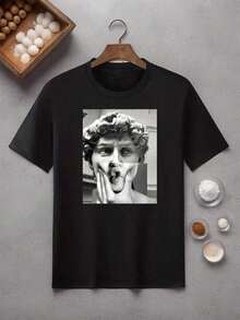 Crew Neck Sculpture Print T-Shirt - Black - View 1