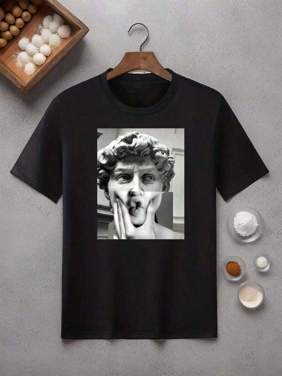 Crew Neck Sculpture Print T-Shirt - Black - View 1