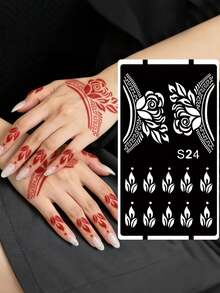 Hana Hand-Drawn Hollow Floral Tattoo Stencil - Sexy Floral Pattern, Suitable For Hands, DIY Painting, Ink, Reusable Mandala Design Template Stickers, Suitable For Women Body Party Makeup - Black - View 1