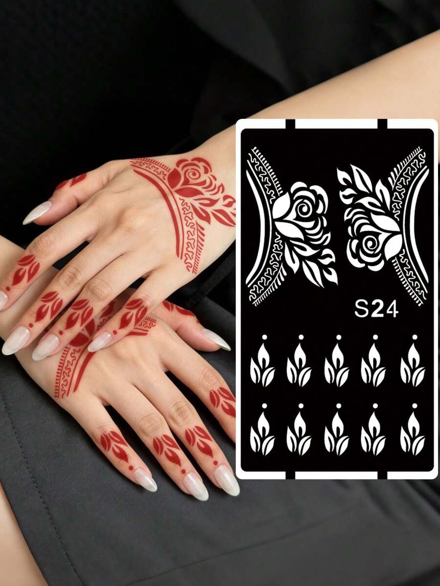 Hana Hand-Drawn Hollow Floral Tattoo Stencil - Sexy Floral Pattern, Suitable For Hands, DIY Painting, Ink, Reusable Mandala Design Template Stickers, Suitable For Women Body Party Makeup - Black - View 1