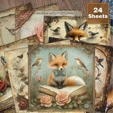 24pcs 6*6 Inch Vintage Countryside Fox & Floral Decorative Papers, Suitable For Scrapbooking, Origami, Handcraft Projects, DIY Paper, Scrapbook, Bullet Journal, Cards, Gift Wrapping, Home Decor - Square - View 2