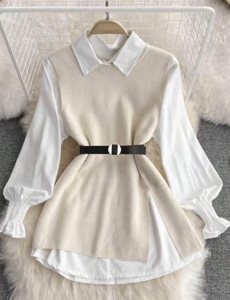 Women's Set: White Shirt + Knitted Vest With Belt, Elegant And Modern For Winter. - Beige - View 1