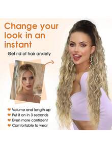 28 Inch Long Wavy Curly Ponytail Clip-In Hair Extensions, Multi-Layer Heat Resistant Synthetic Fiber, Wavy Curly Heat Resistant Fiber Wig, Unisex, Easy To Wear, Black Brown Long Extensions, Suitable For Parties And Daily Styling, Suitable For All Skin Tones, Basic Style, High Temperature Fiber, Natural Appearance - Beige Ombre - View 5